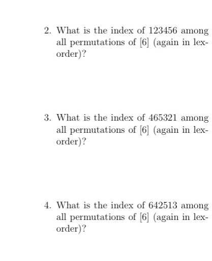 What is the index of 1 2 3 4 5 6 among all