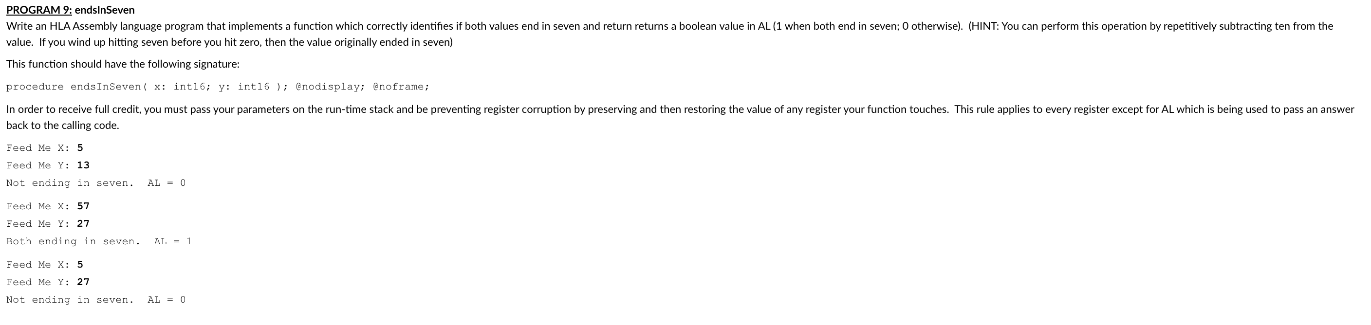 PROGRAM 9 : HLA programming endsInSeven value. If