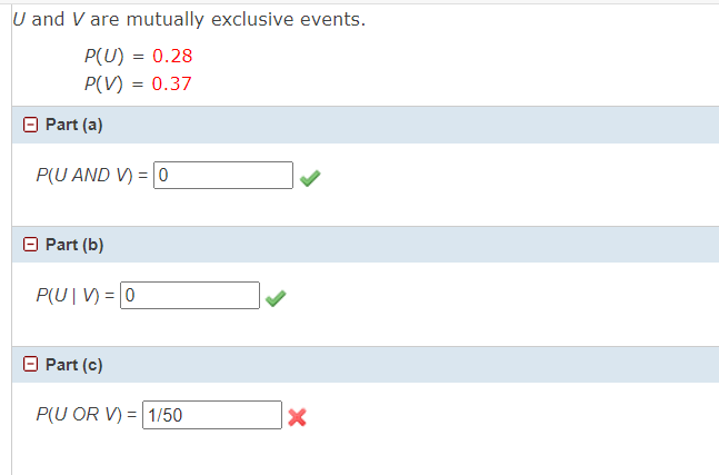 code class = "asciimath" > U and V are mutually