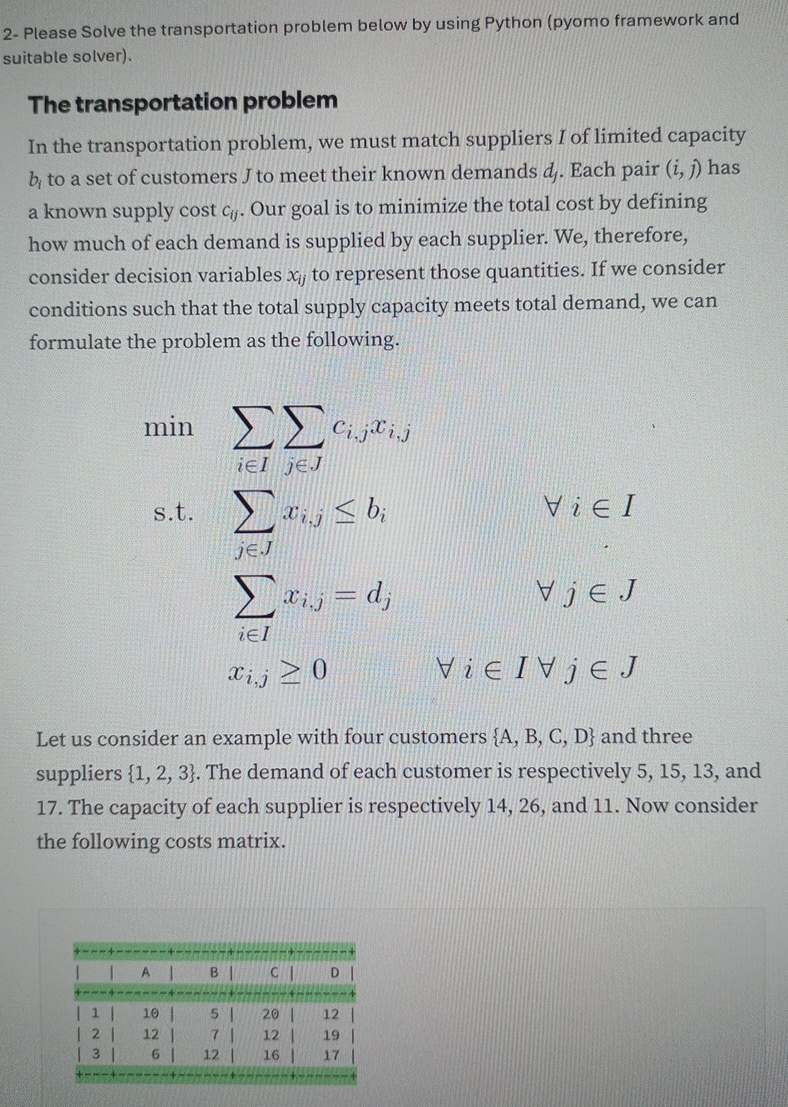 2 - Please Solve the transportation problem below