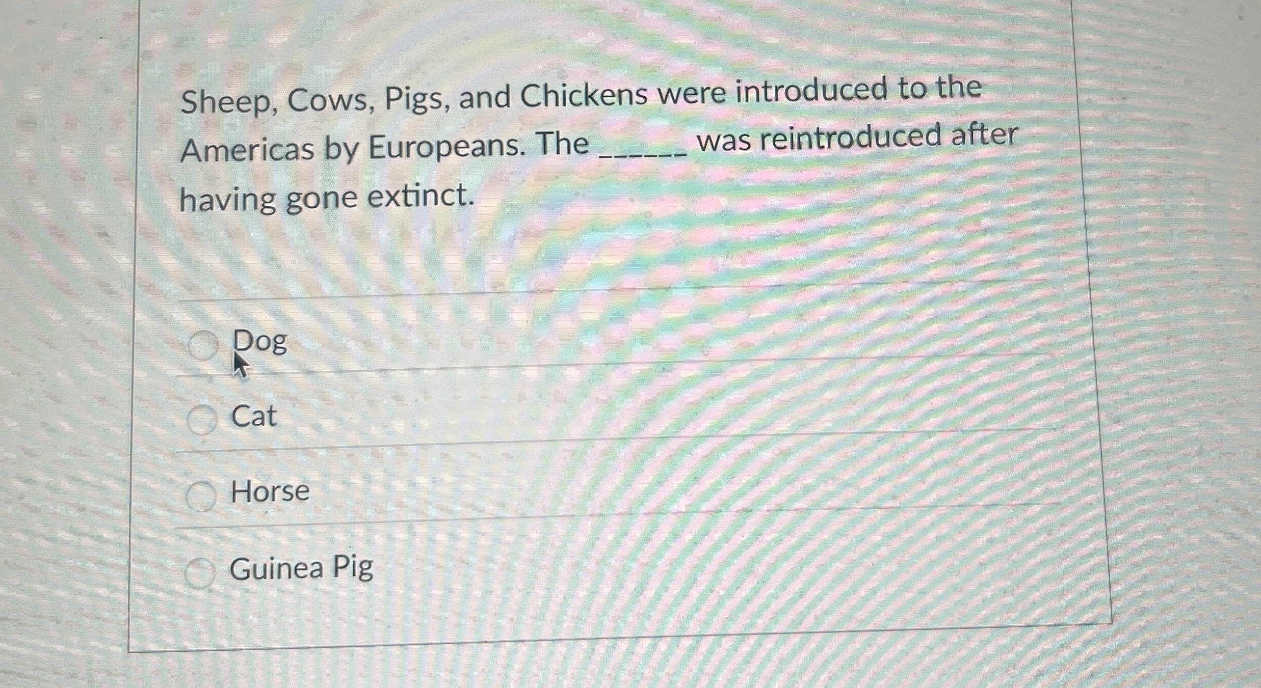 Sheep, Cows, Pigs, and Chickens were introduced