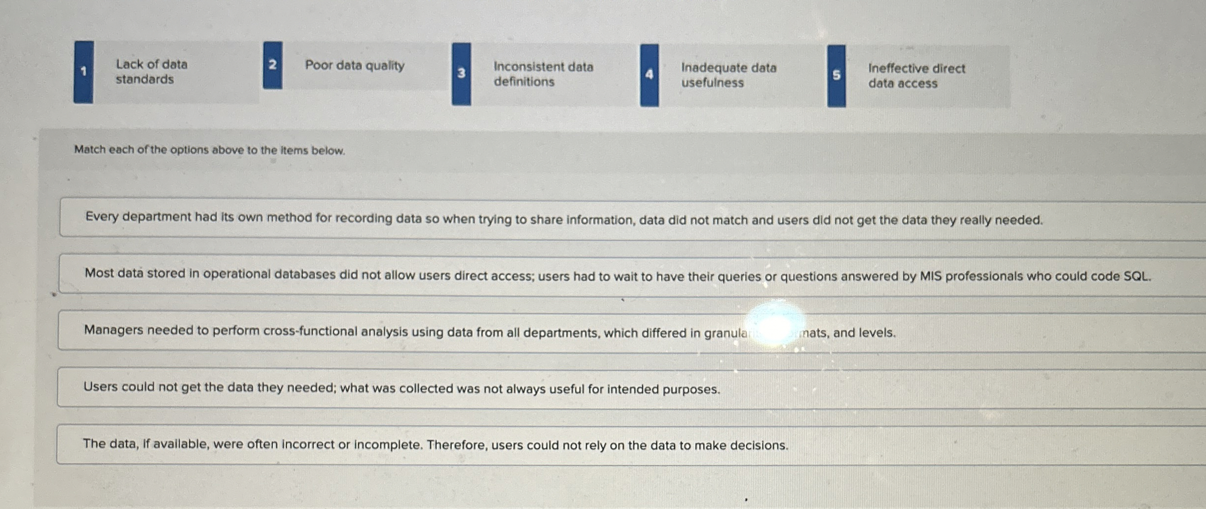 Match each of the options above to the items