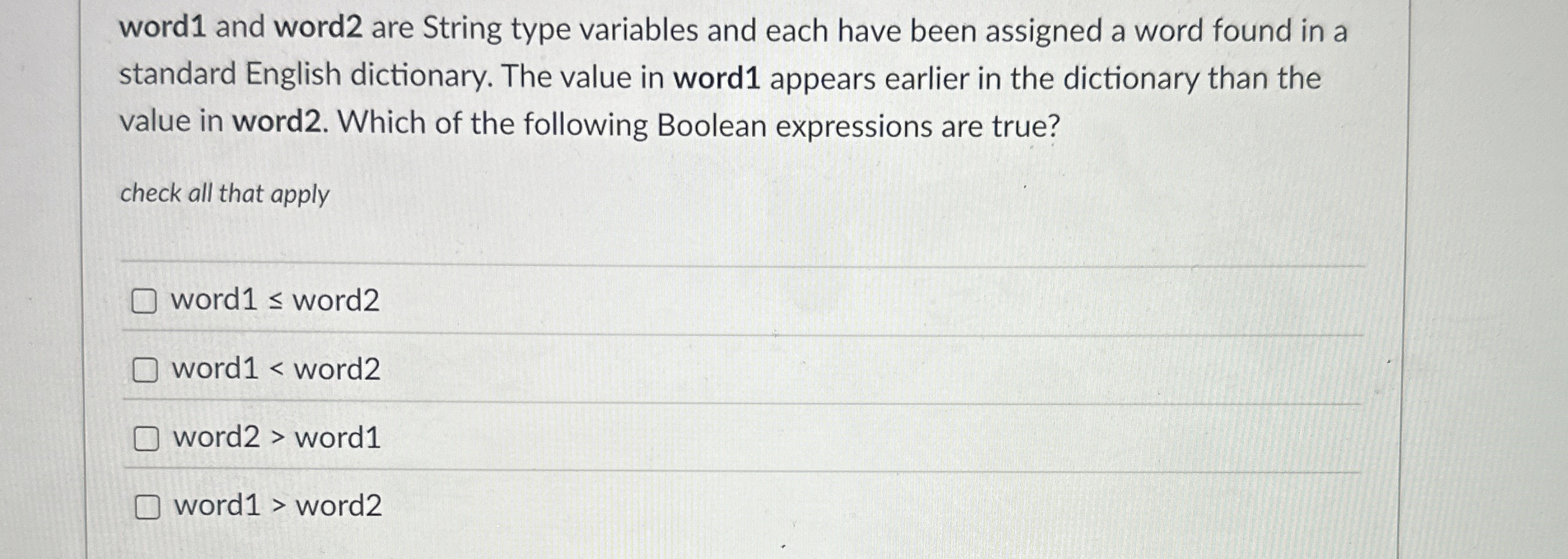 word 1 and word 2 are String type variables and