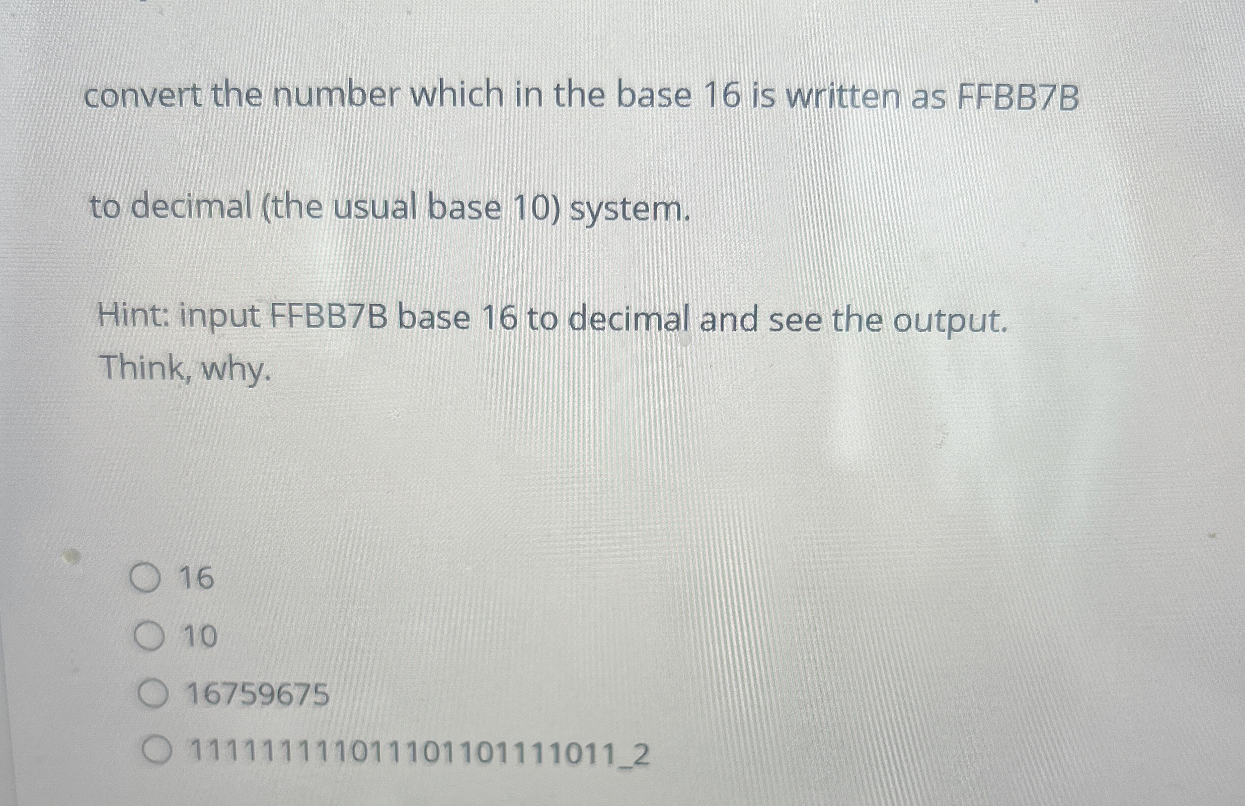 convert the number which in the base 1 6 is