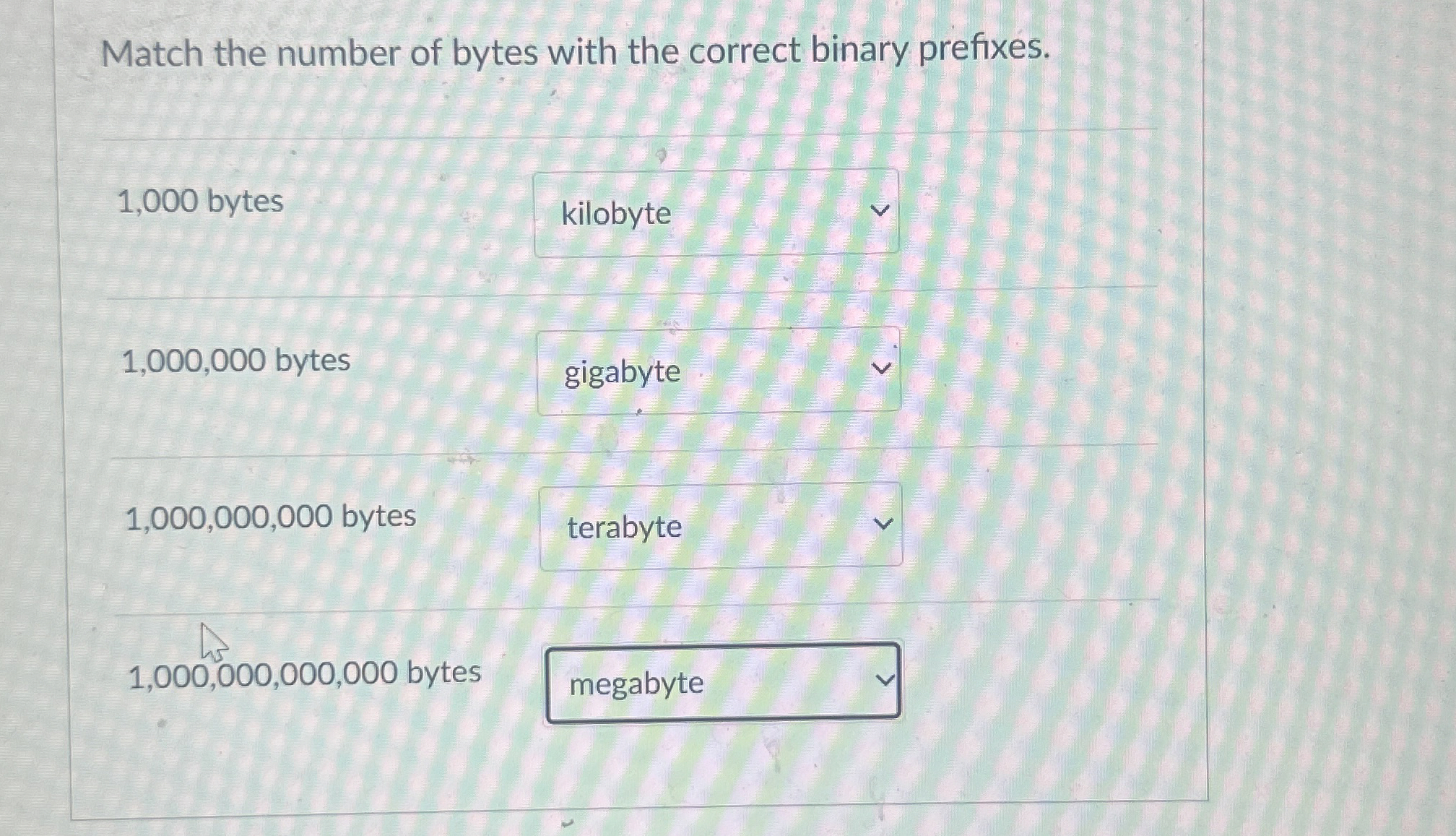 Match the number of bytes with the correct binary