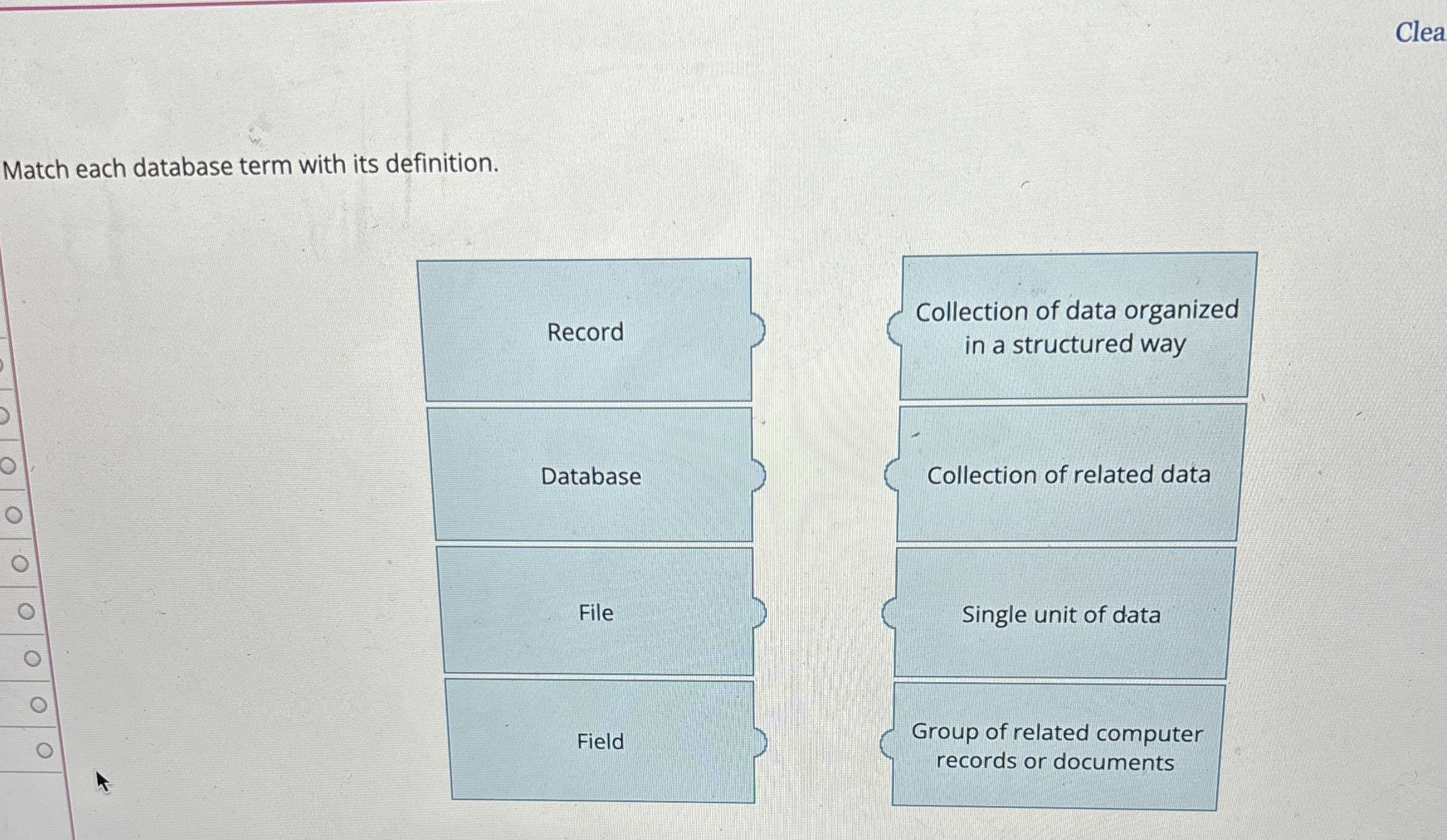 Match each database term with its definition.