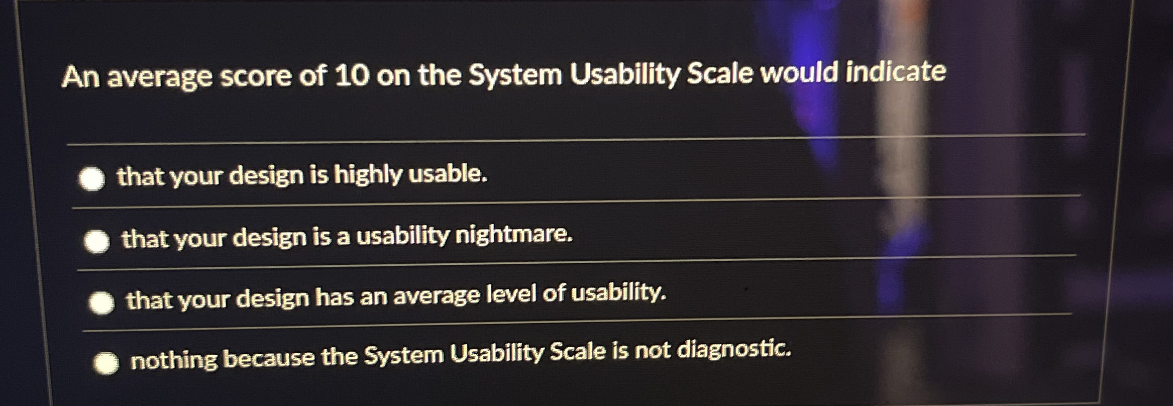An average score of 1 0 on the System Usability