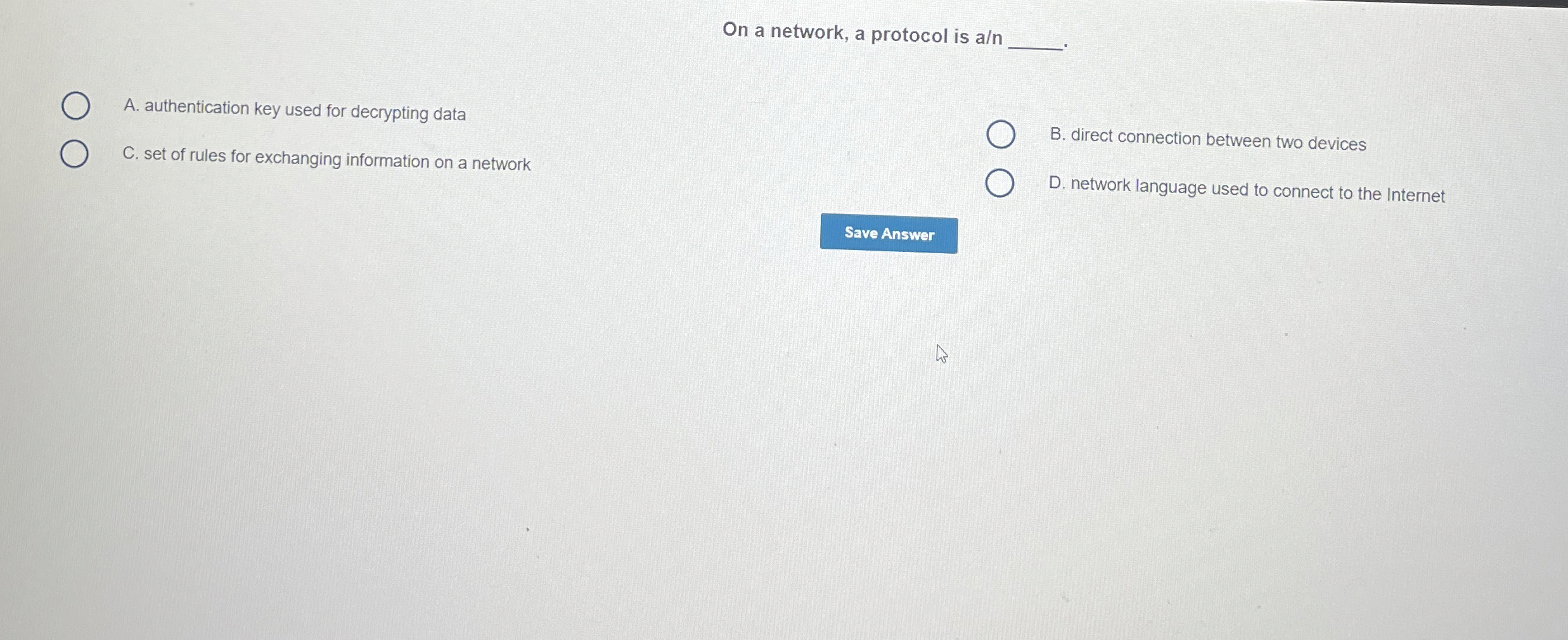 On a network, a protocol is a n q , - A .