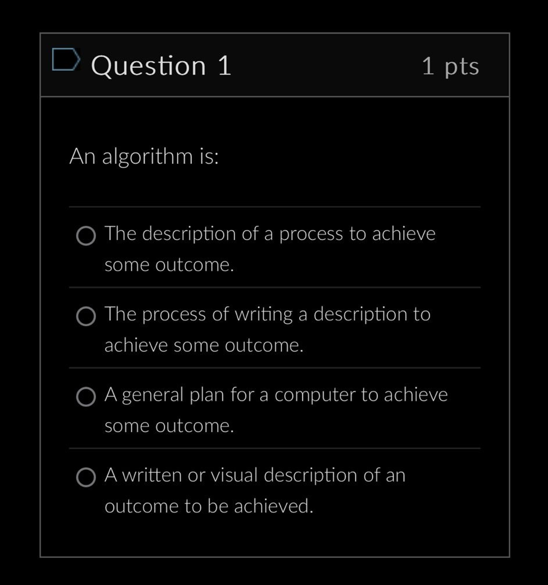 Question 1 An algorithm is: The description of a
