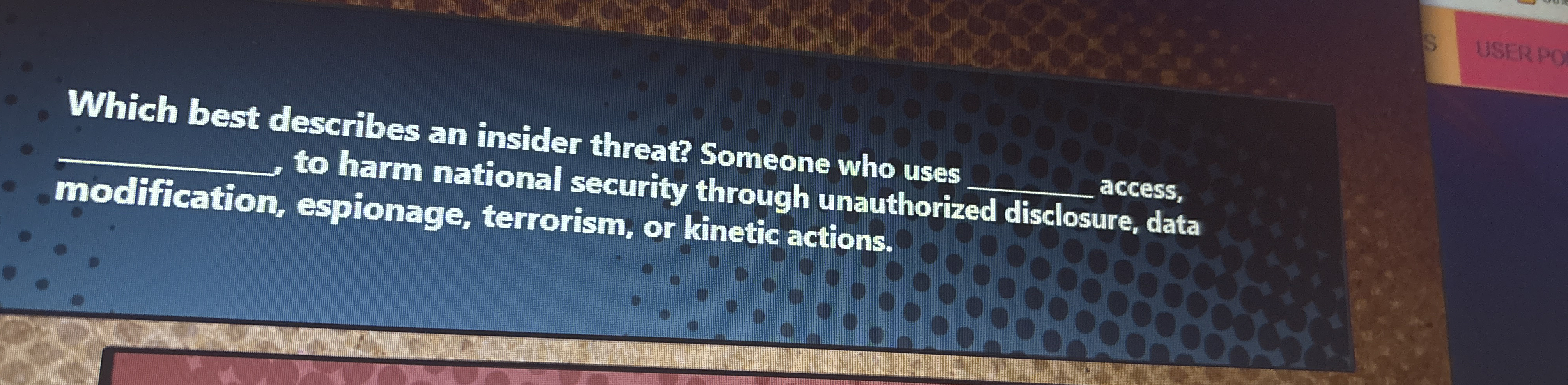 Which best describes an insider threat? Someone