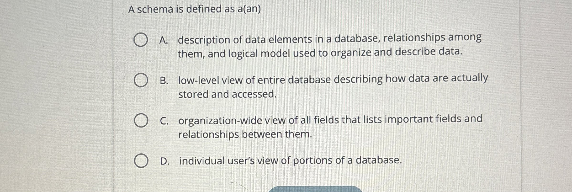 A schema is defined as a ( an ) A . description