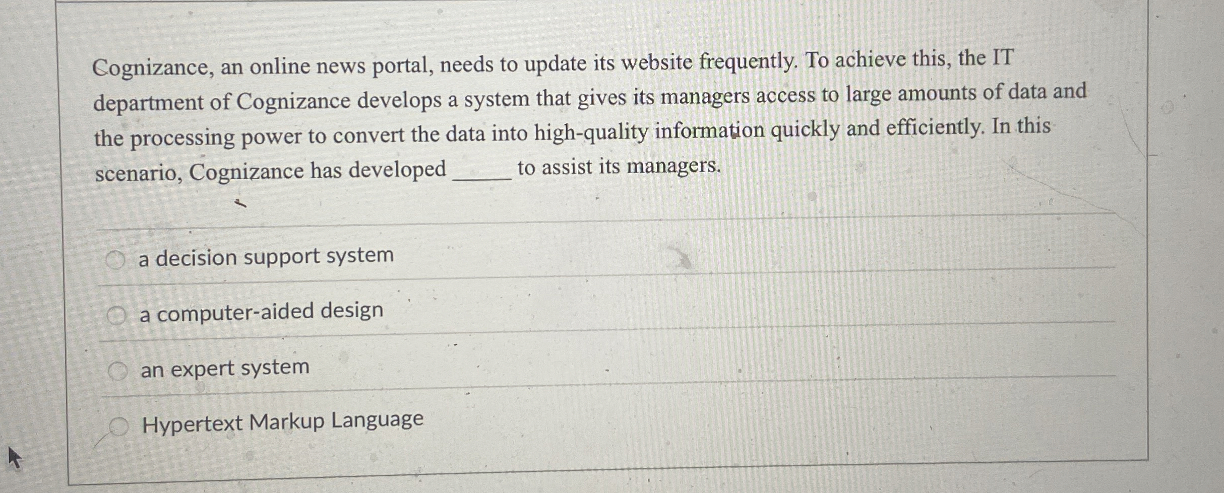 Cognizance, an online news portal, needs to