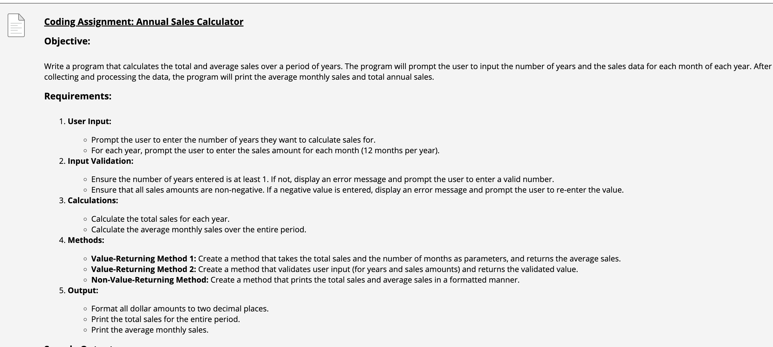 Coding Assignment: Annual Sales Calculator