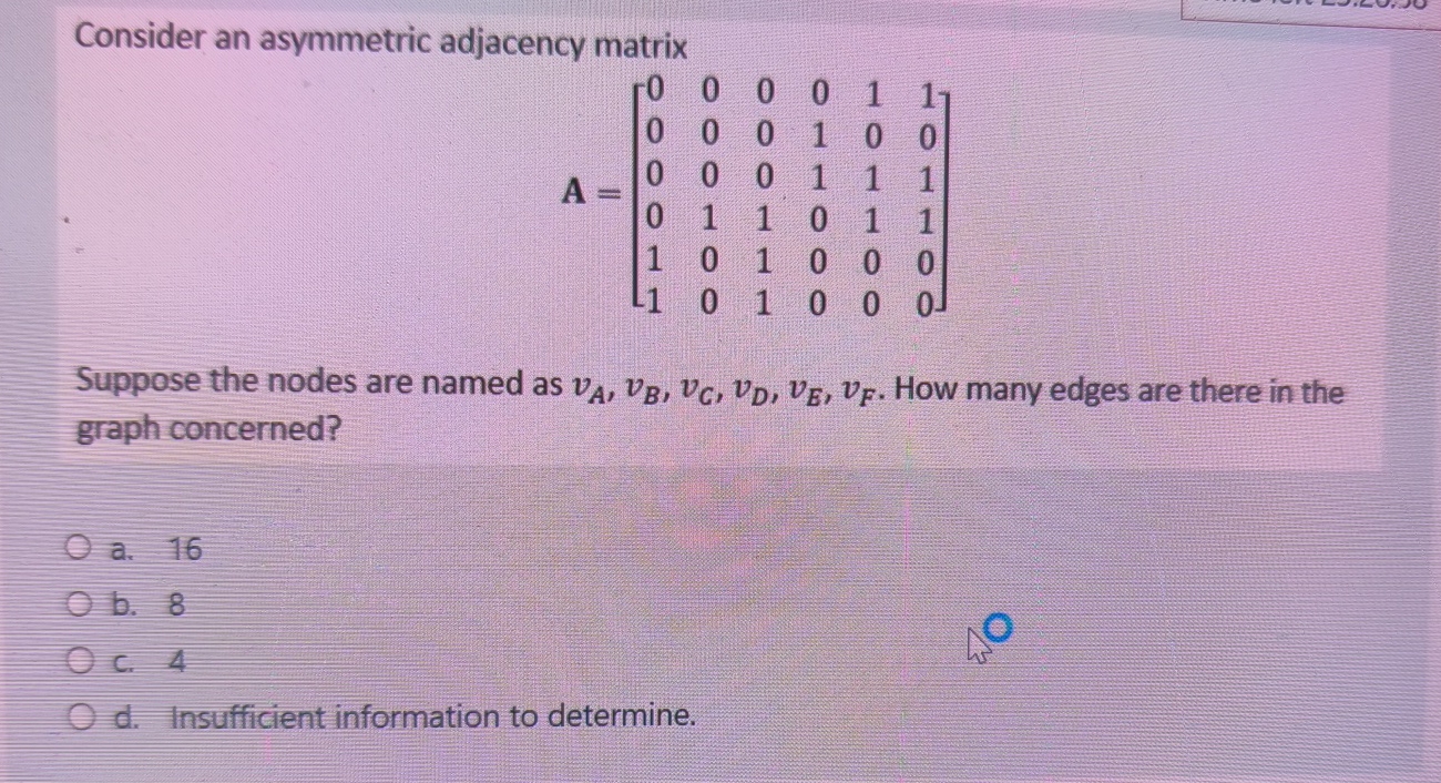 Consider an asymmetric adjacency matrix A = [ 0 0