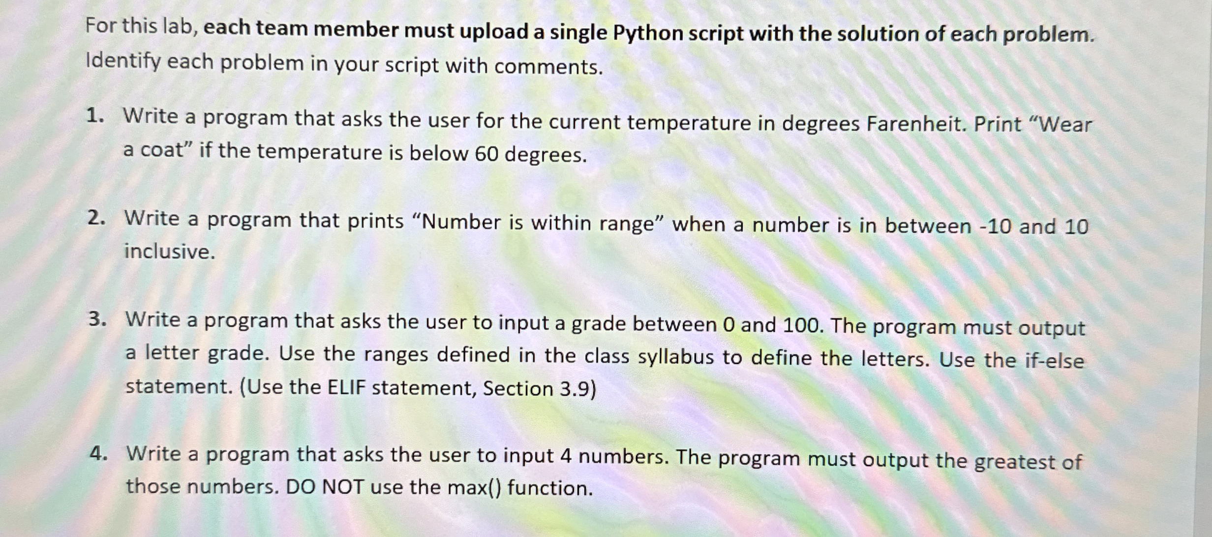 For this lab, each team member must upload a