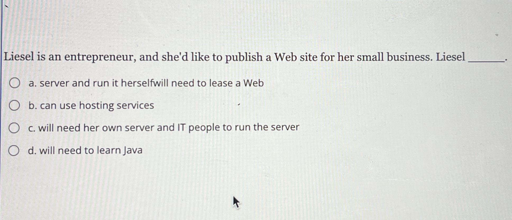 Liesel is an entrepreneur, and she'd like to