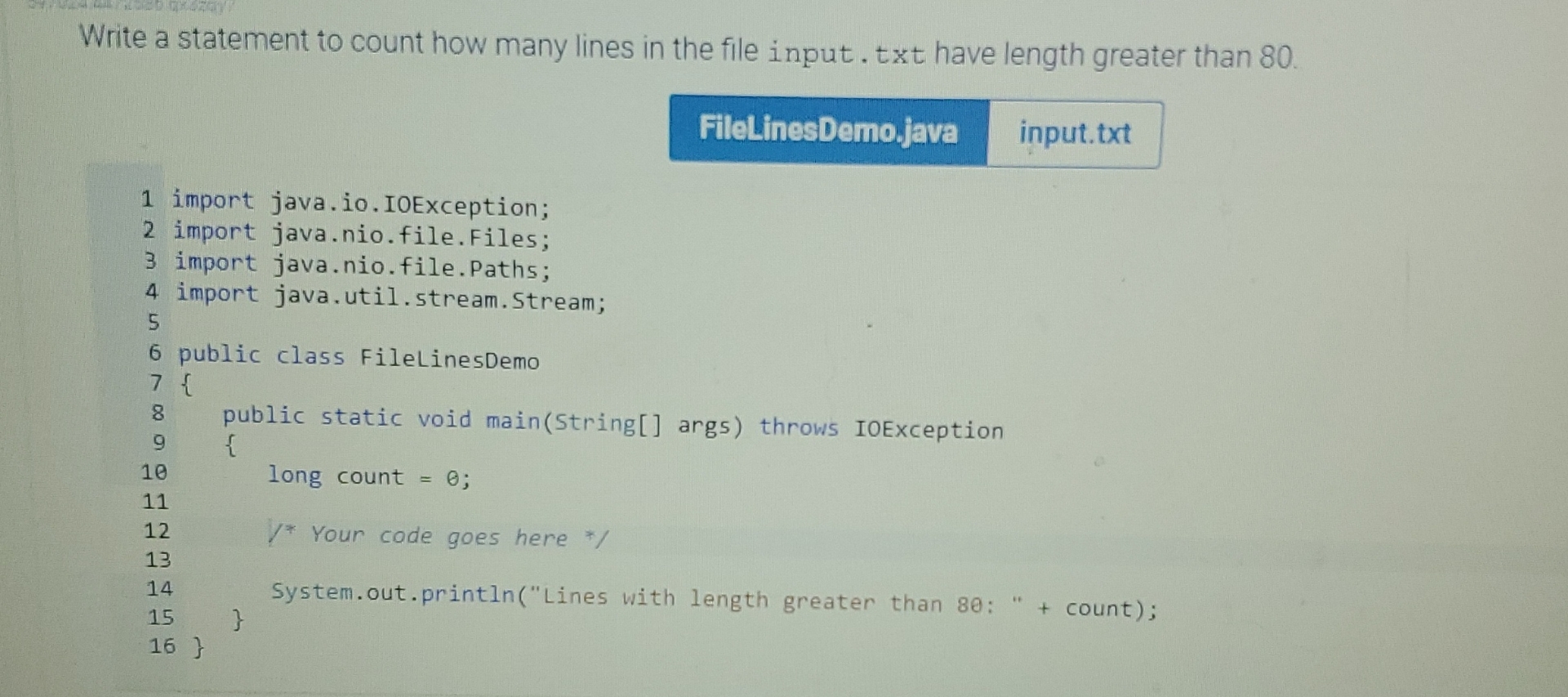 Write a statement to count how many lines in the