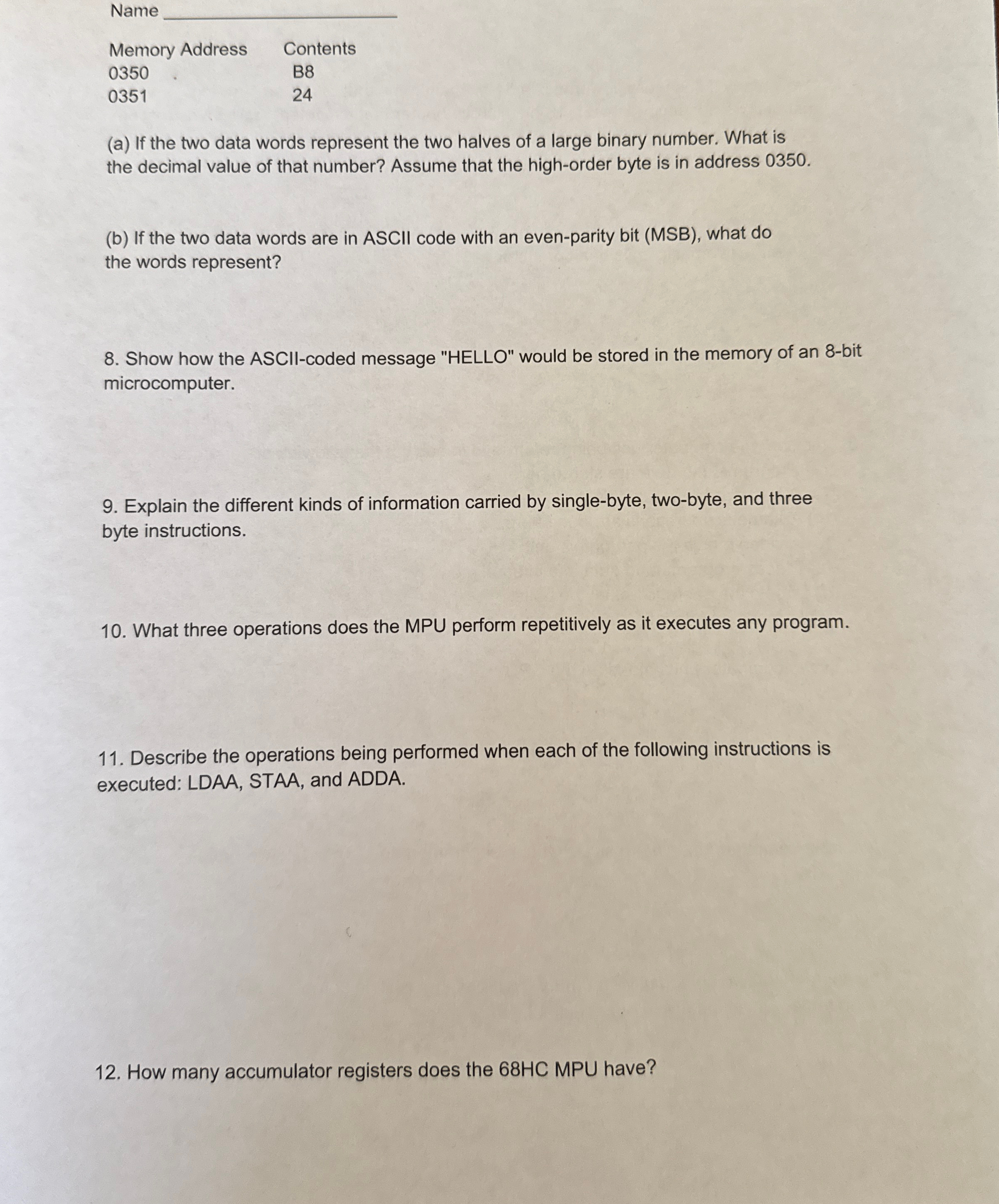 Name \ table [ [ Memory Address,Contents ] , [ 0