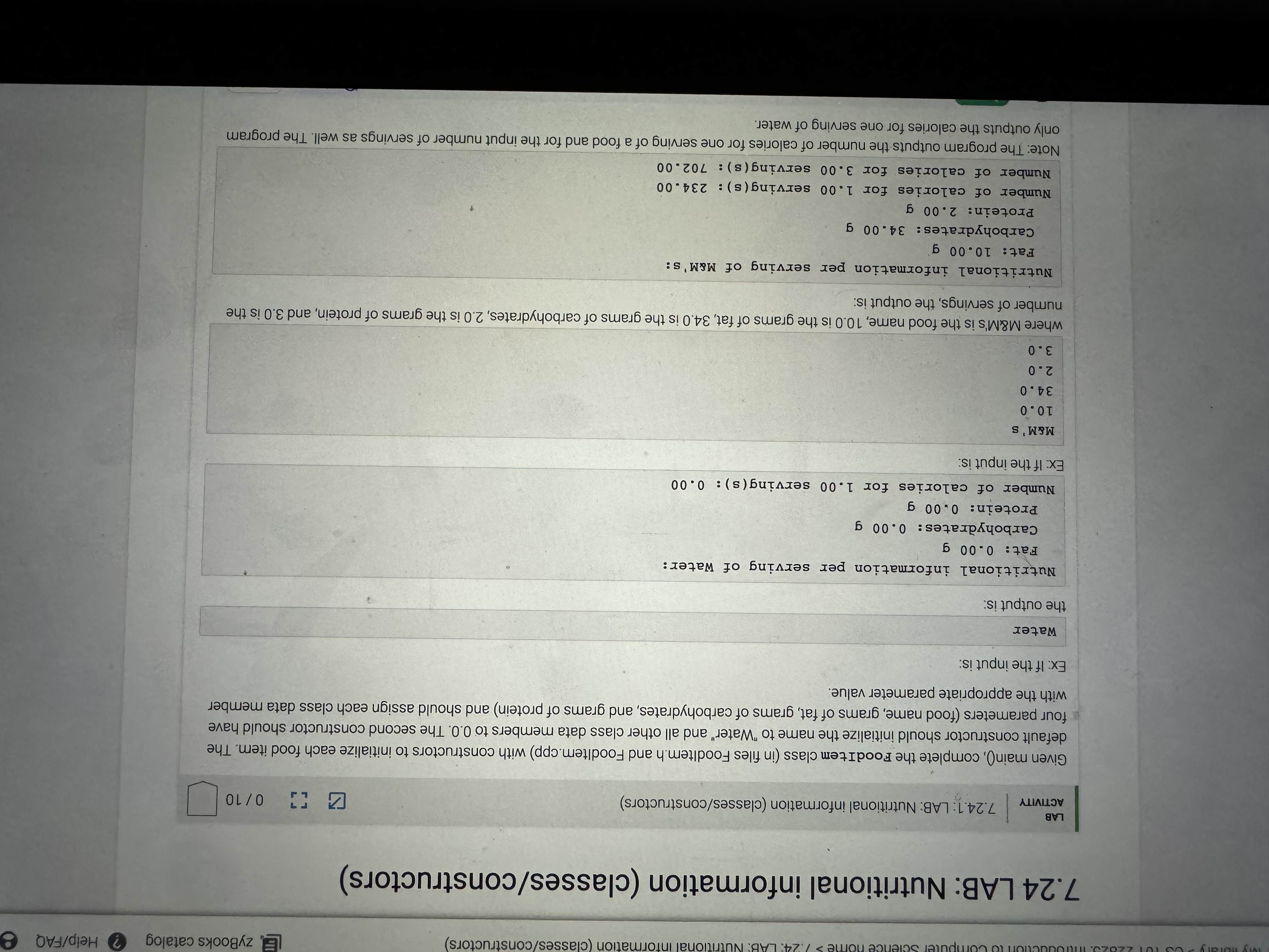 7 . 2 4 LAB: Nutritional information ( classes /