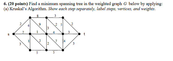 6 . ( 2 0 points ) Find a minimum spanning tree