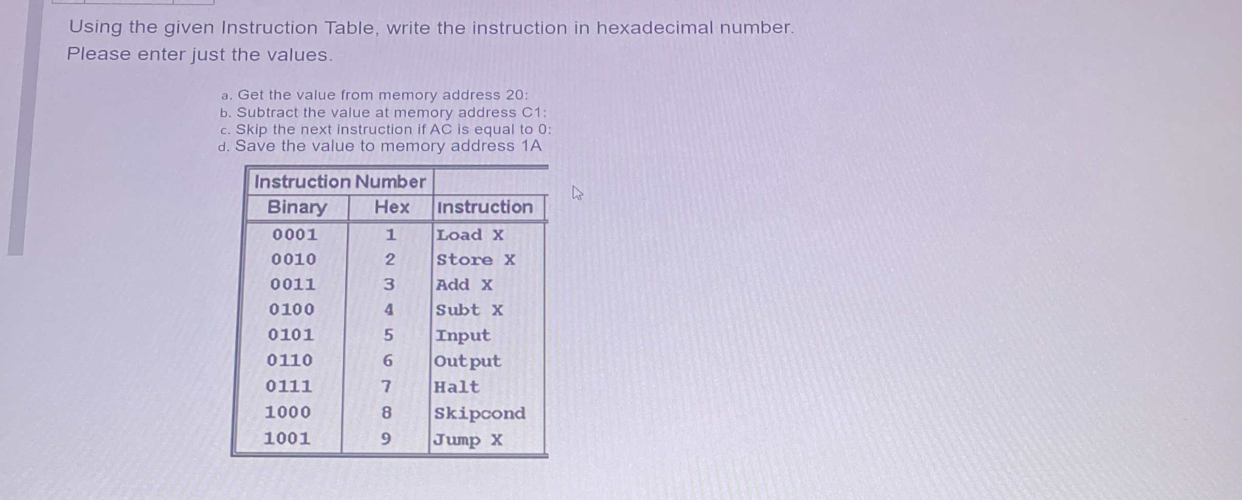 Using the given Instruction Table, write the