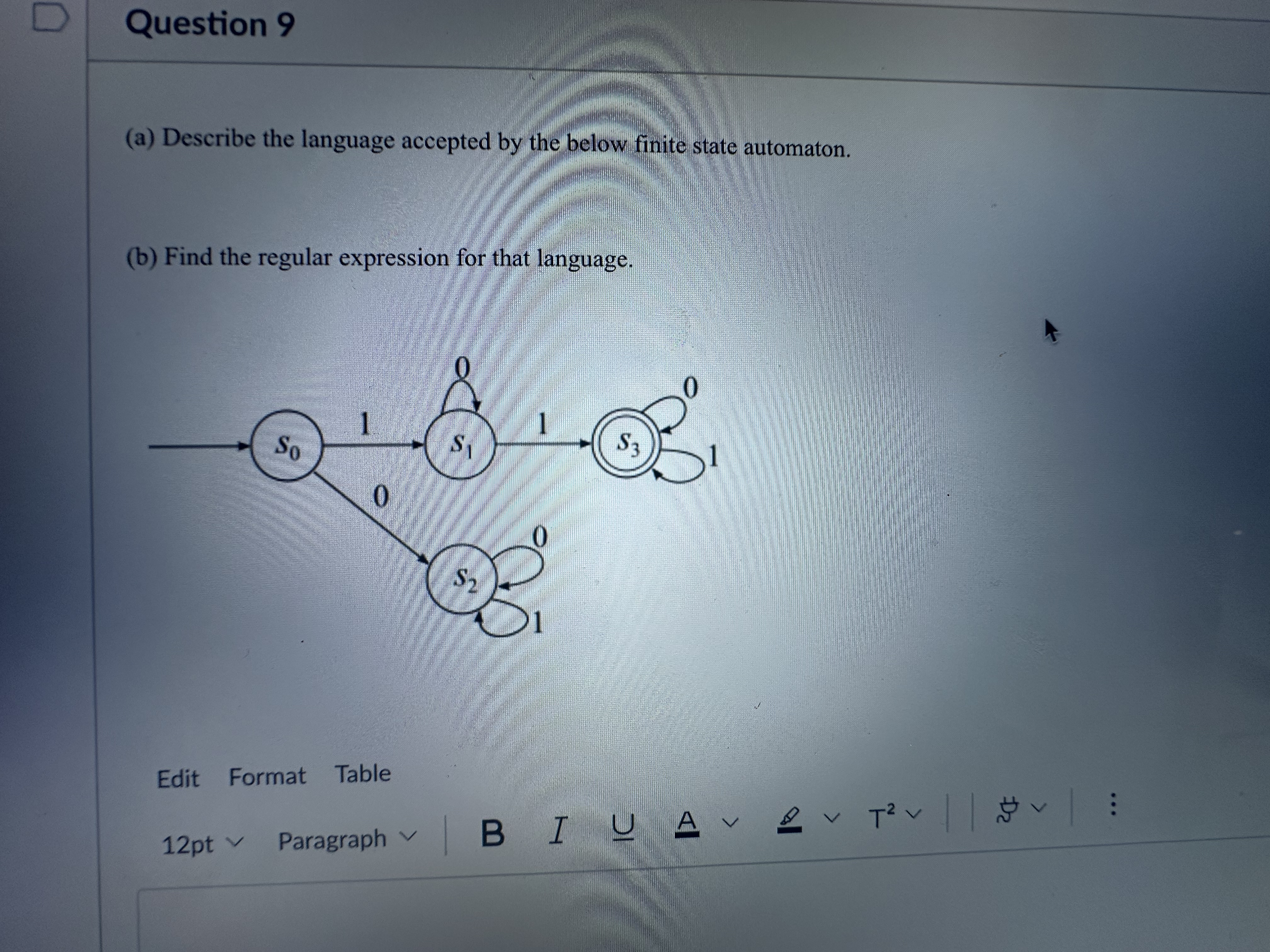 Question 9 ( a ) Describe the language accepted