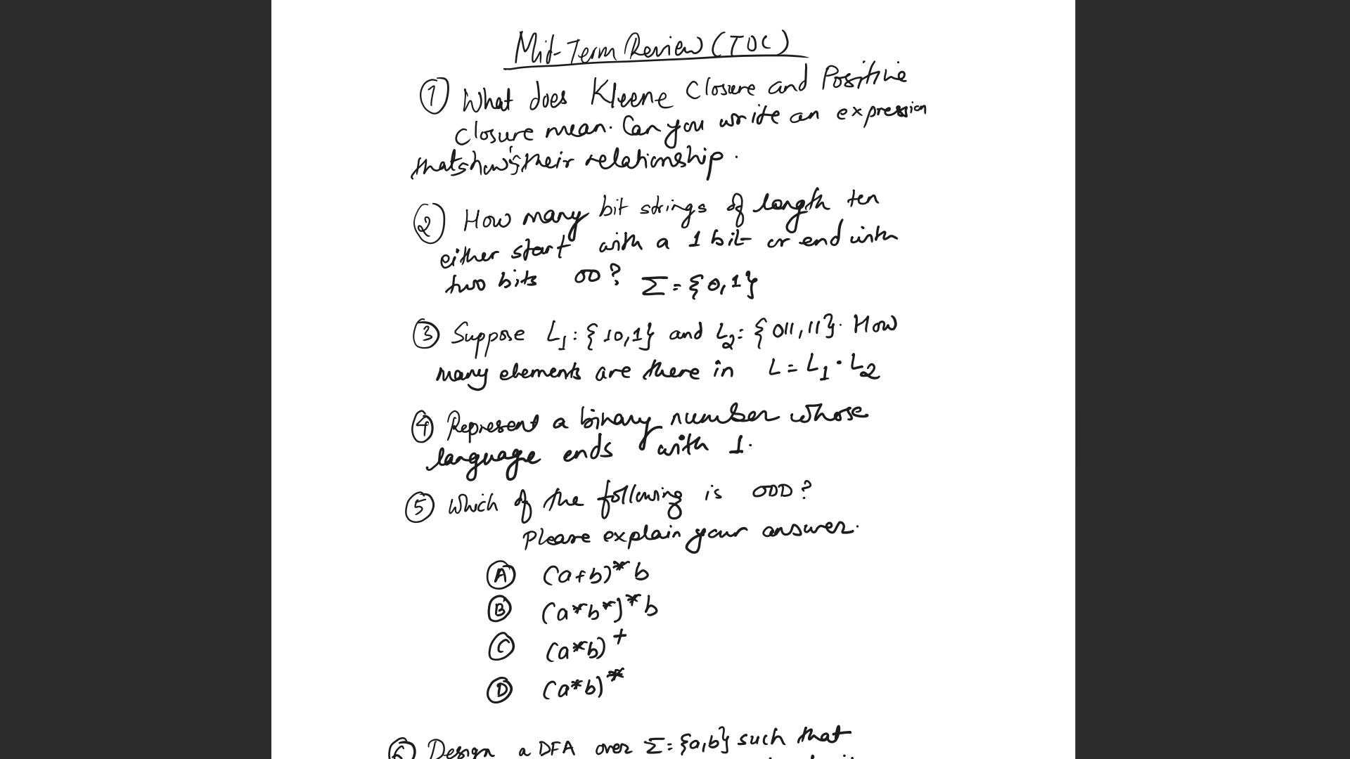( 6 ) Design a DFA over = { a , b } such that