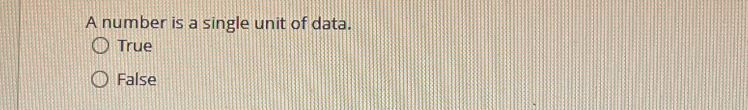 A number is a single unit of data. True False