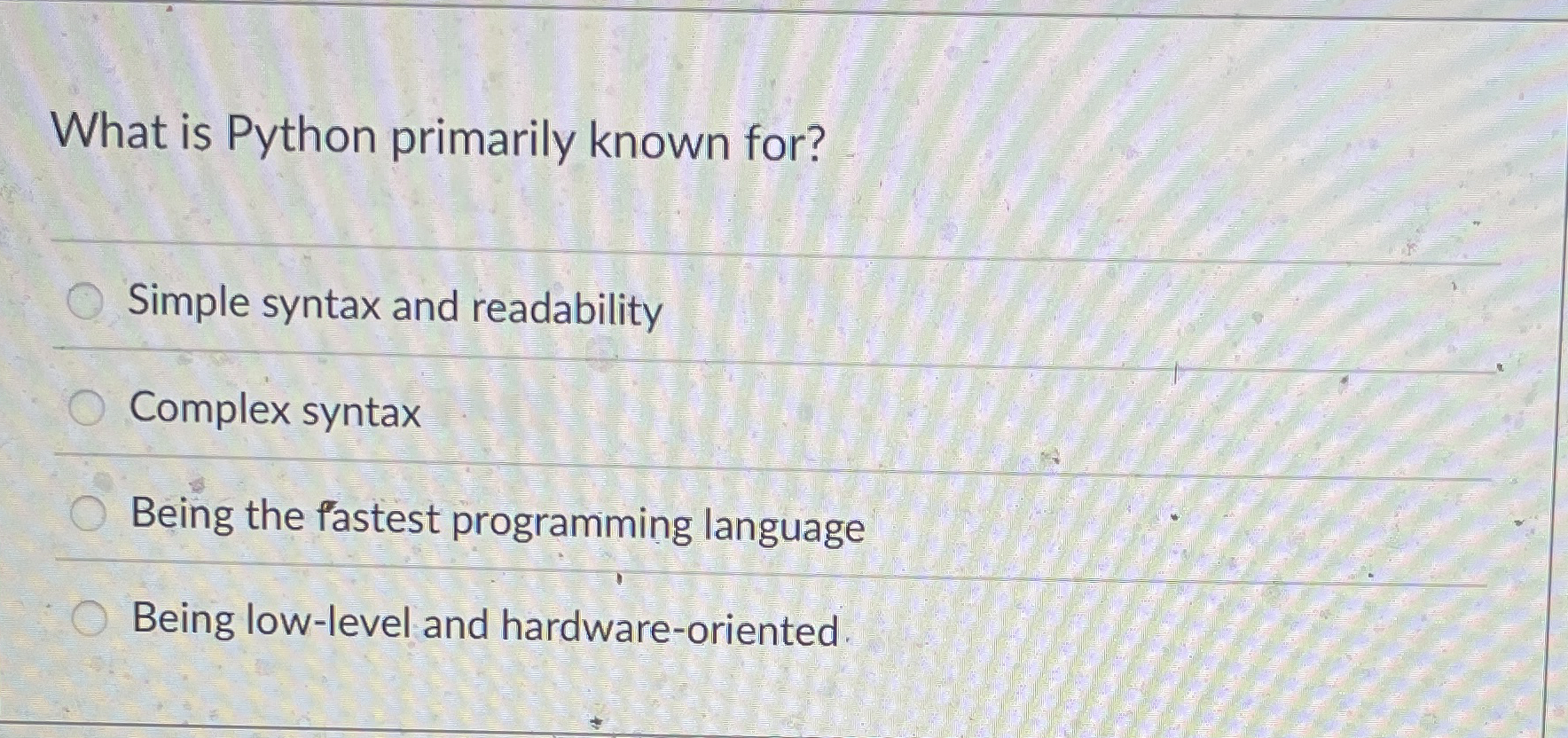 What is Python primarily known for? Simple syntax