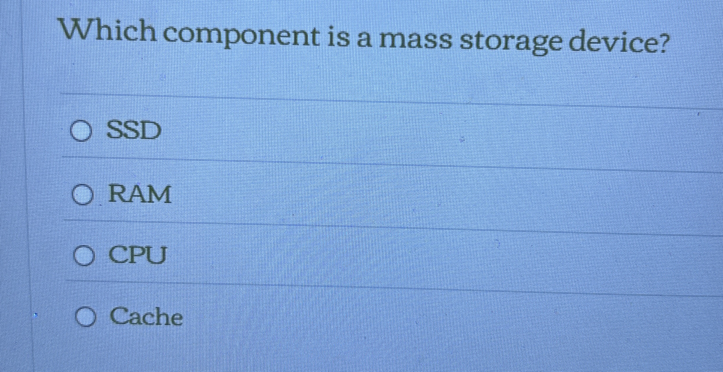 Which component is a mass storage device? SSD RAM