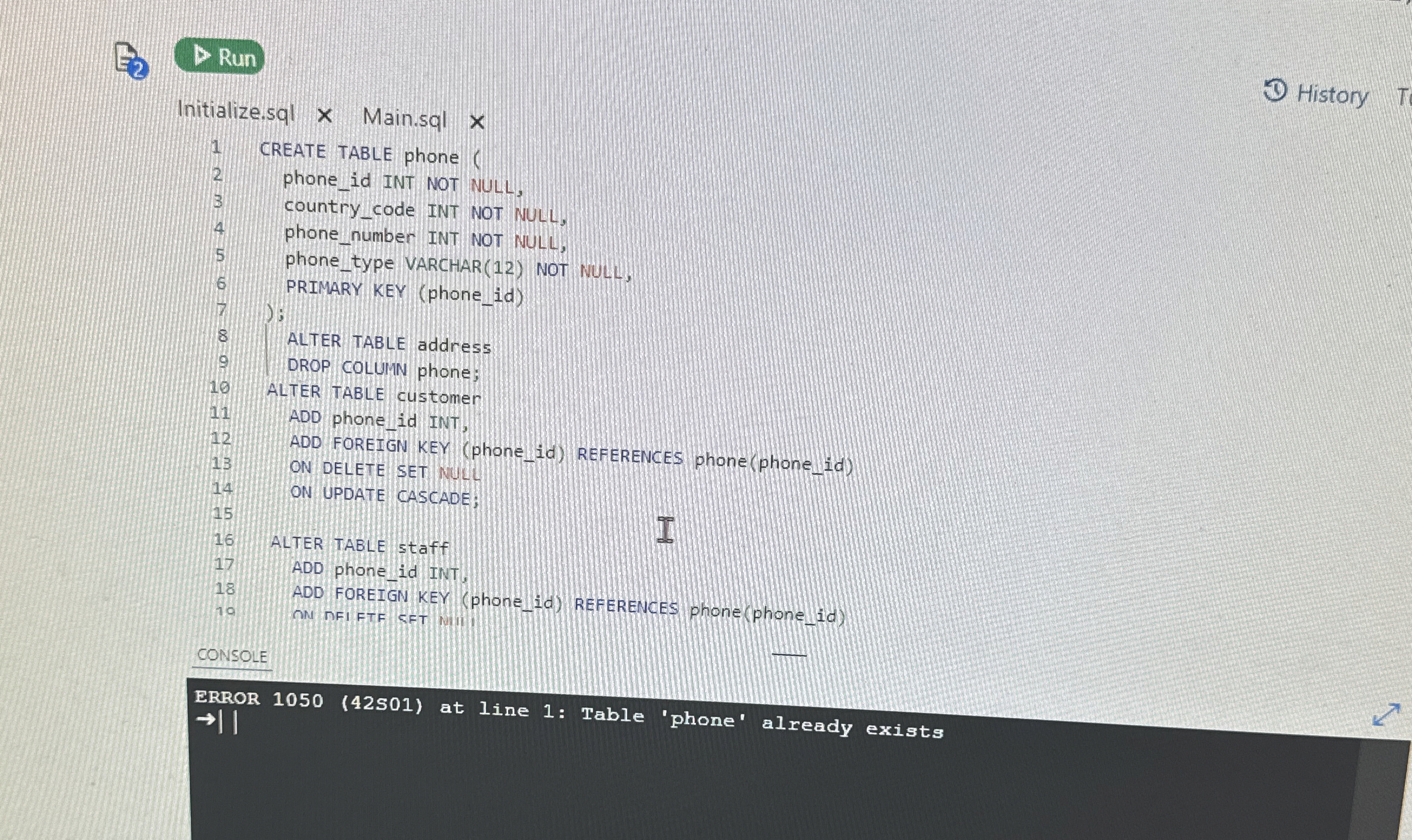 1 CREATE TABLE phone ( 2 Phone id INT NOT NULL,
