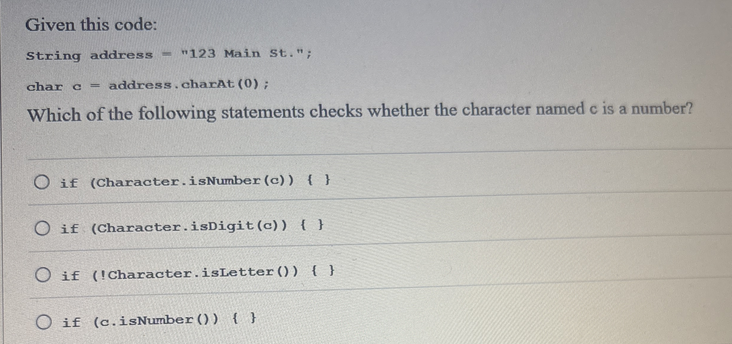 Given this code: String address = " 1 2 3 Main St