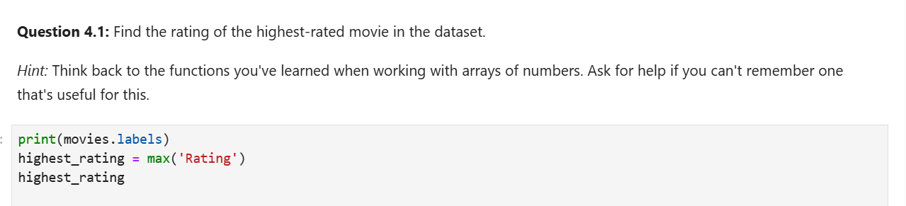 Question 4 . 1 : Find the rating of the highest -