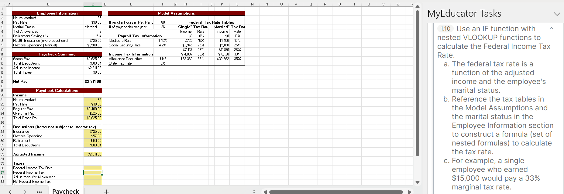 MyEducator Tasks 1 . 1 0 Use an IF function with