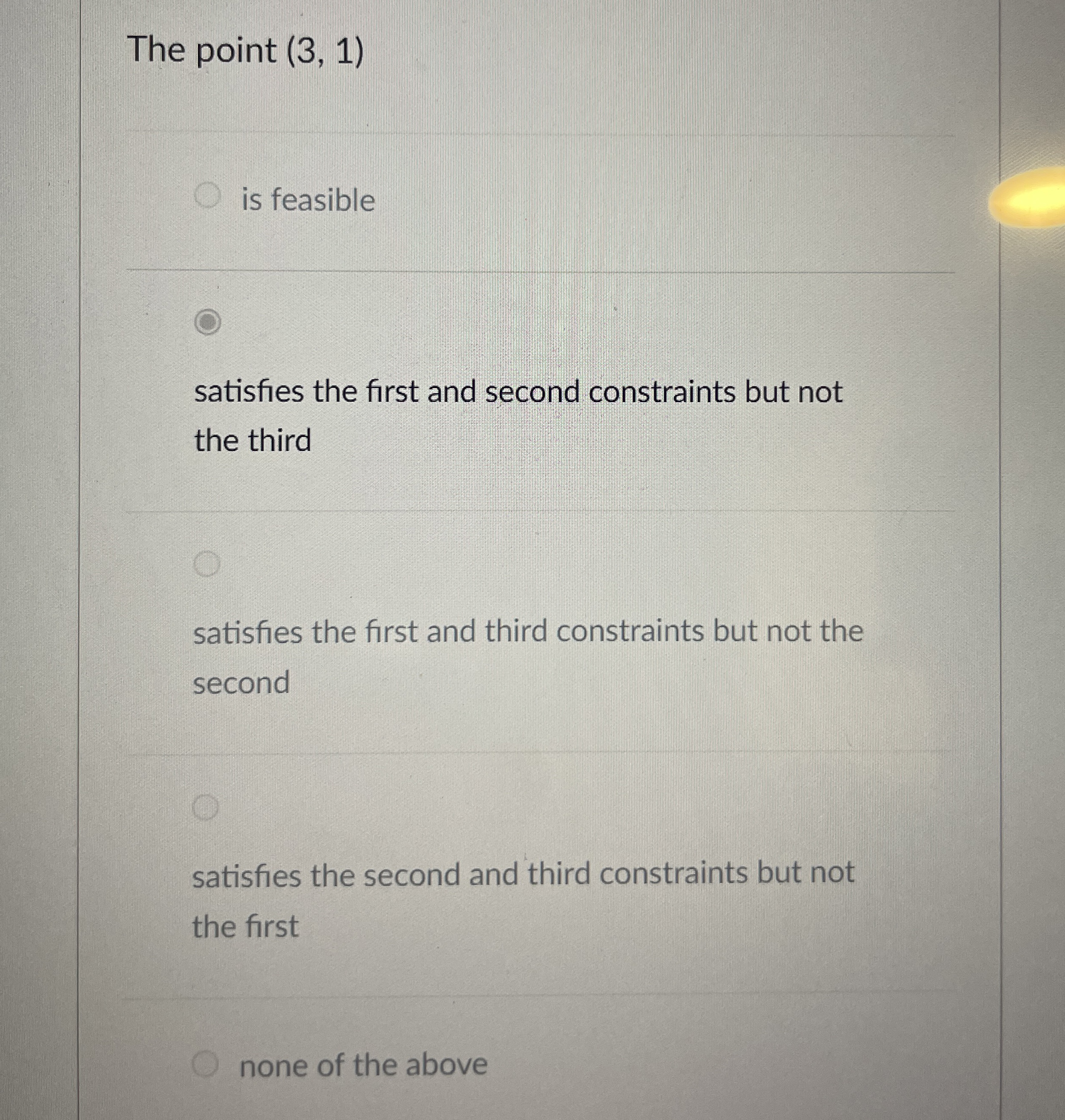 The point ( 3 , 1 ) is feasible satisfies the