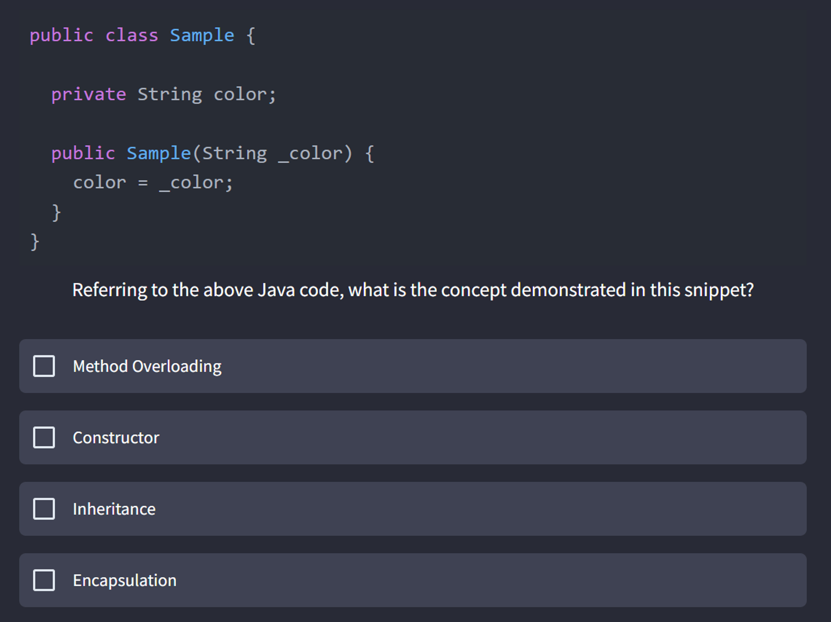 public class Sample { private String color;