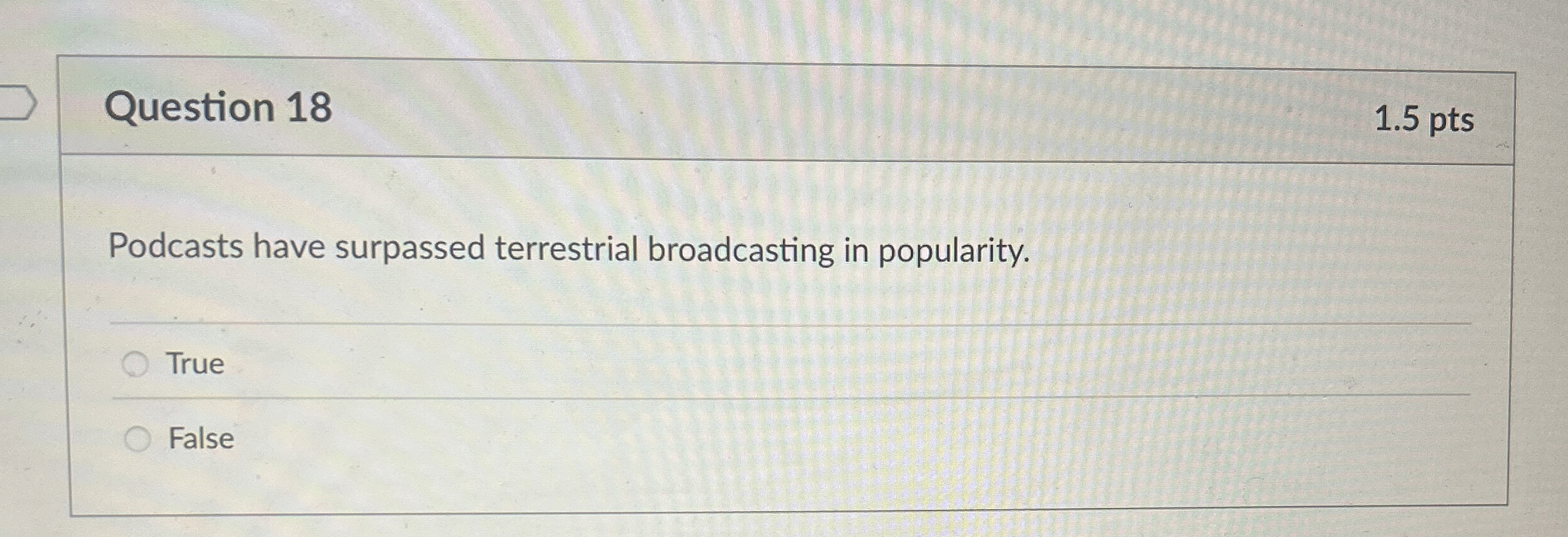 Question 1 8 1 . 5 pts Podcasts have surpassed