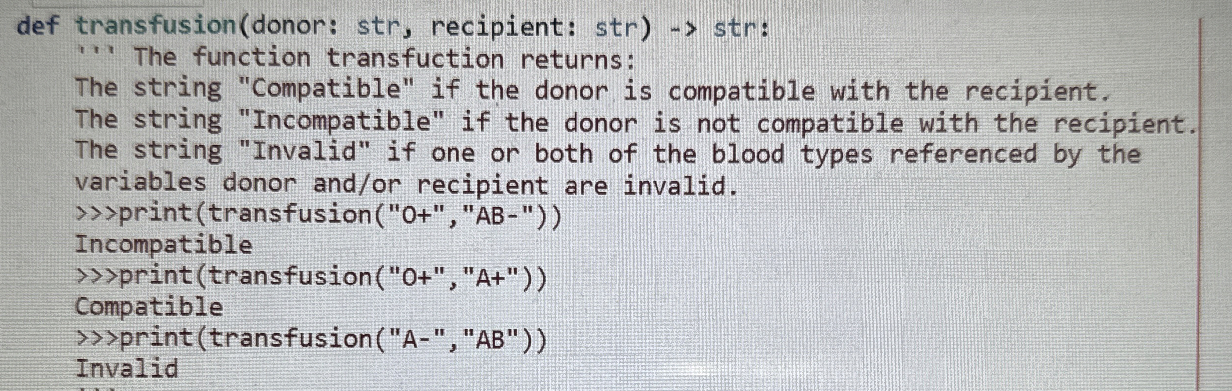 def transfusion ( donor: str , recipient: str ) -