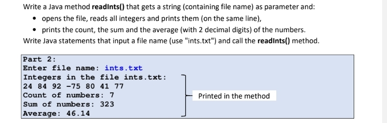 Write a Java method readints ( ) that gets a
