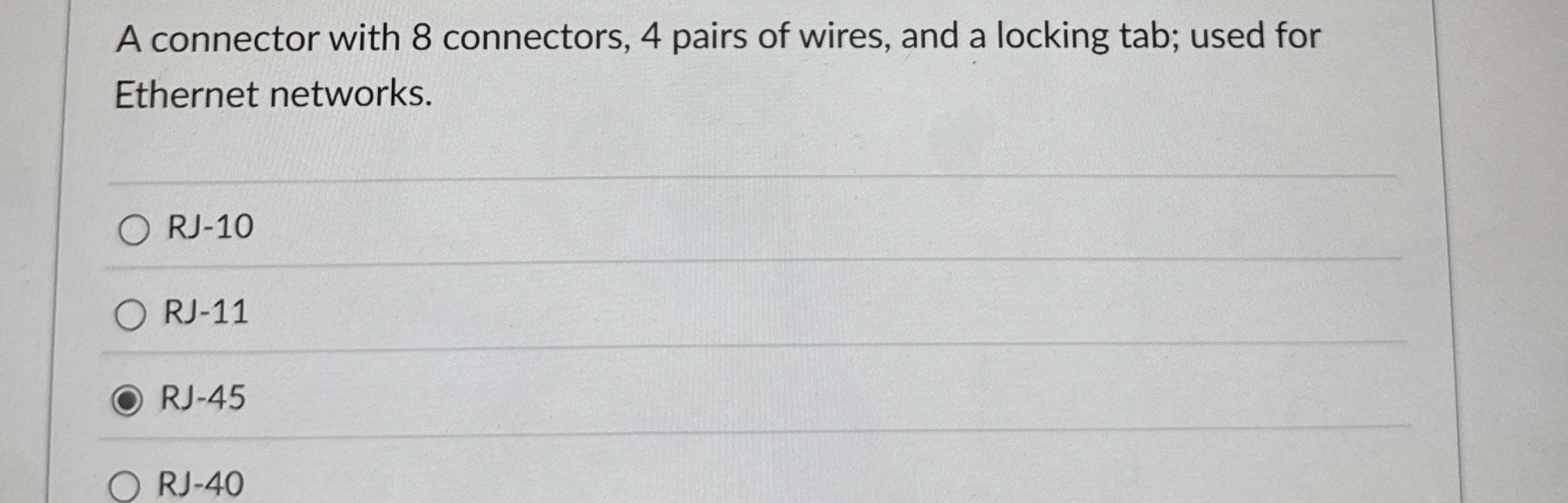 A connector with 8 connectors, 4 pairs of wires,