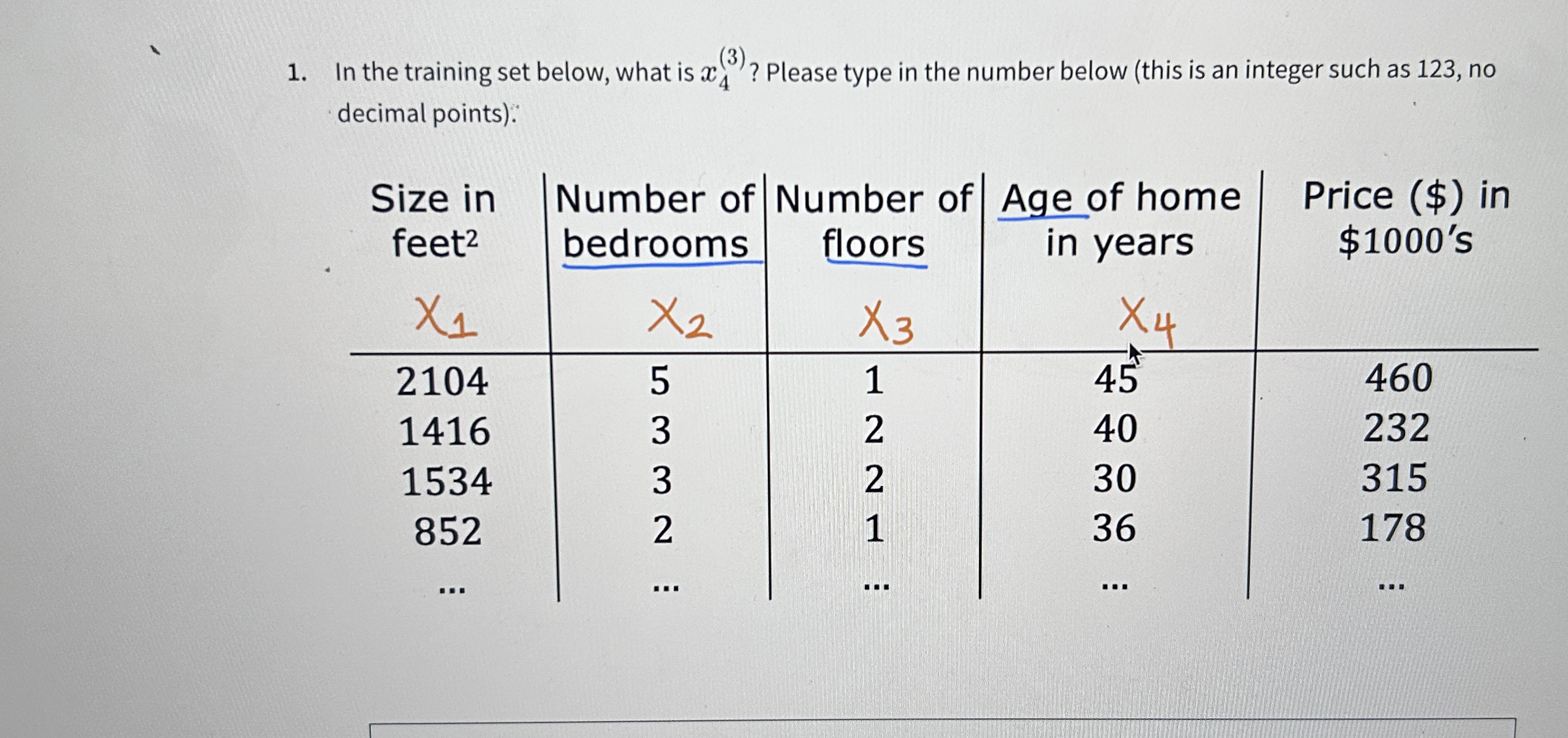 In the training set below, what is x 4 ( 3 ) ?