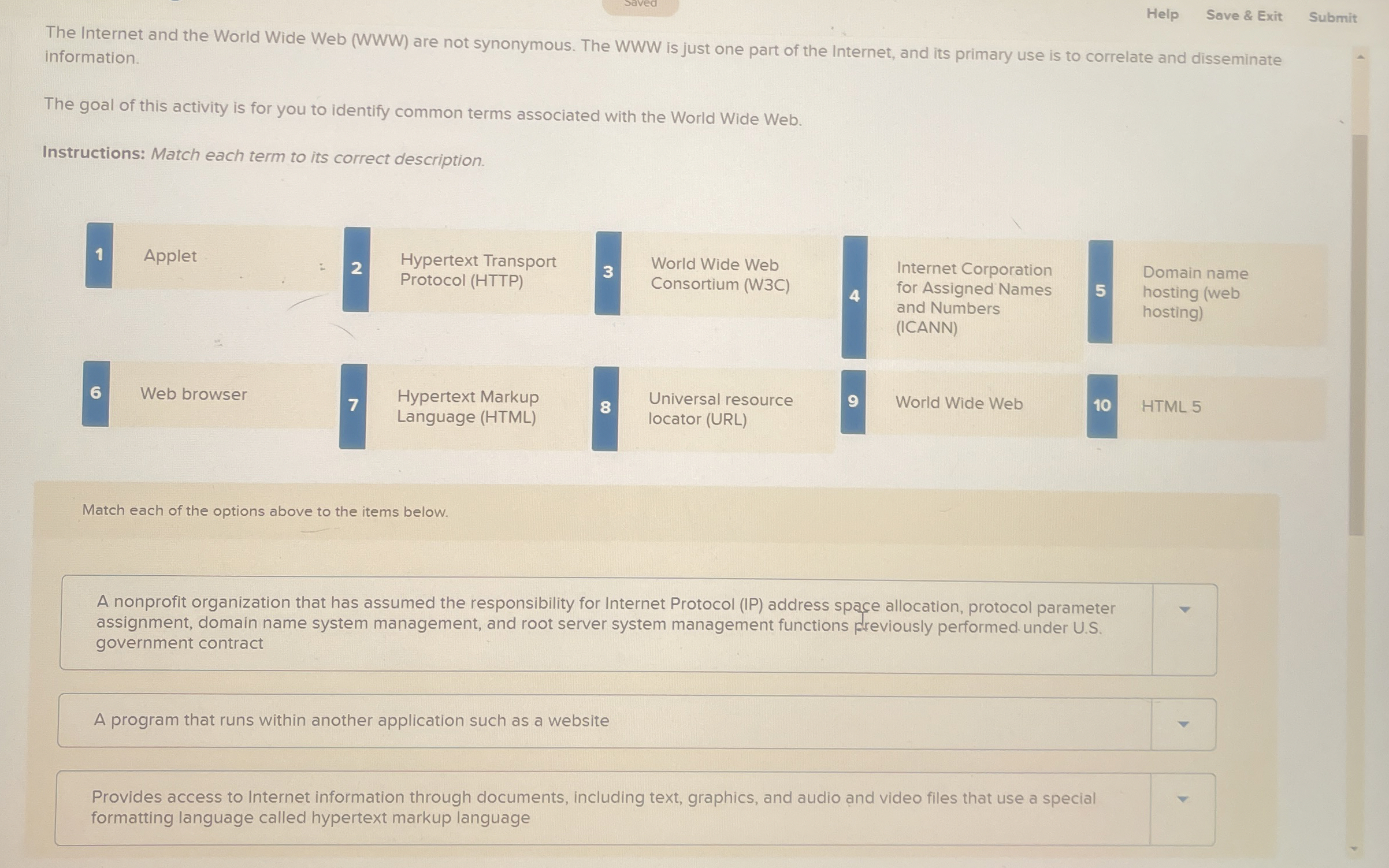 Help Save & Exit Submit The Internet and the