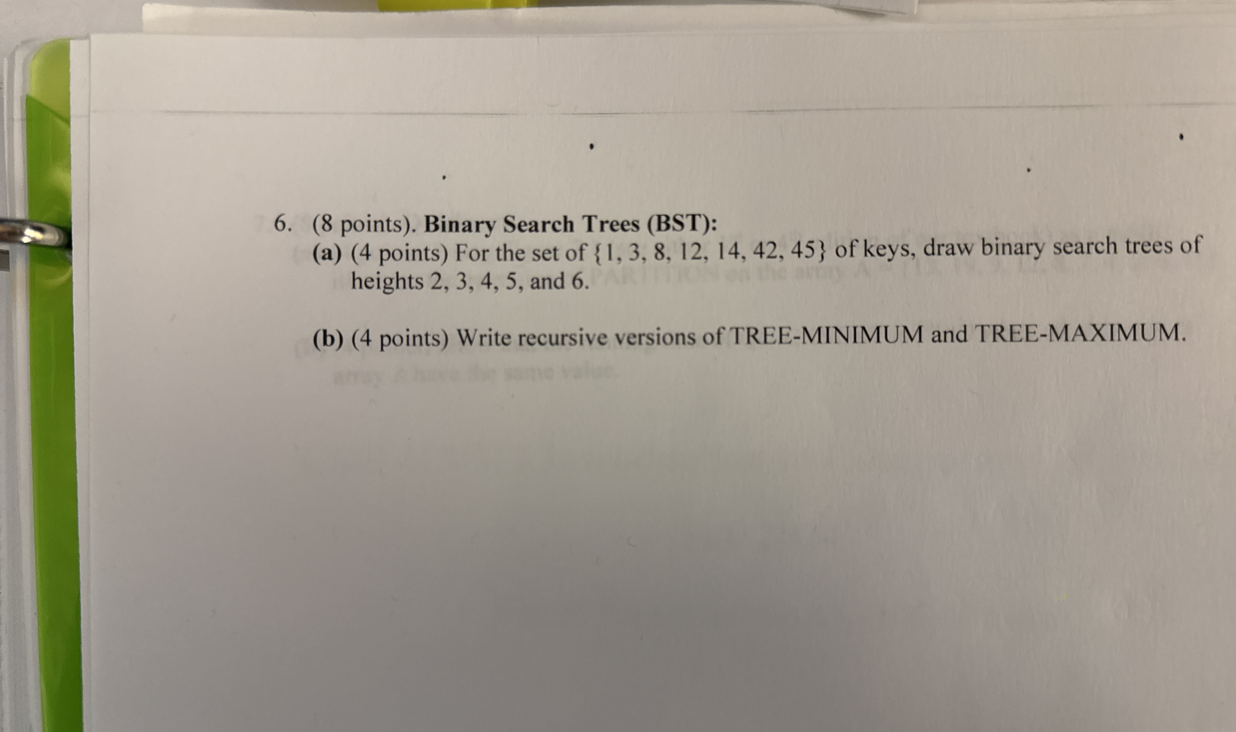 ( 8 points ) . Binary Search Trees ( BST ) : ( a