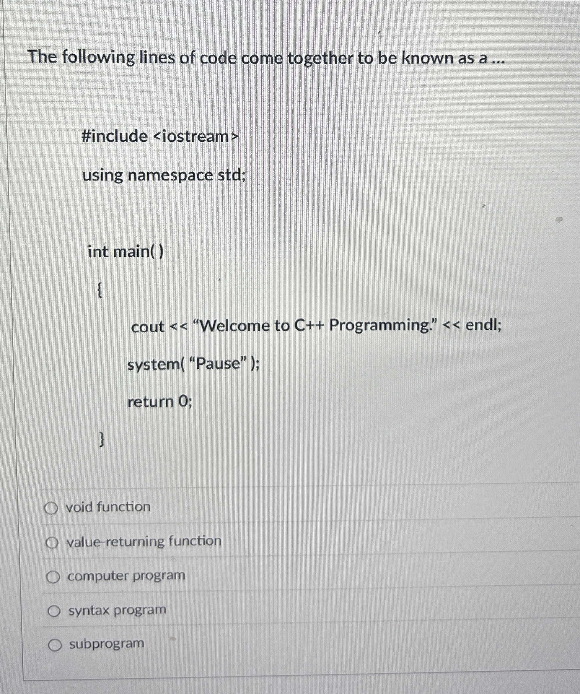 The following lines of code come together to be