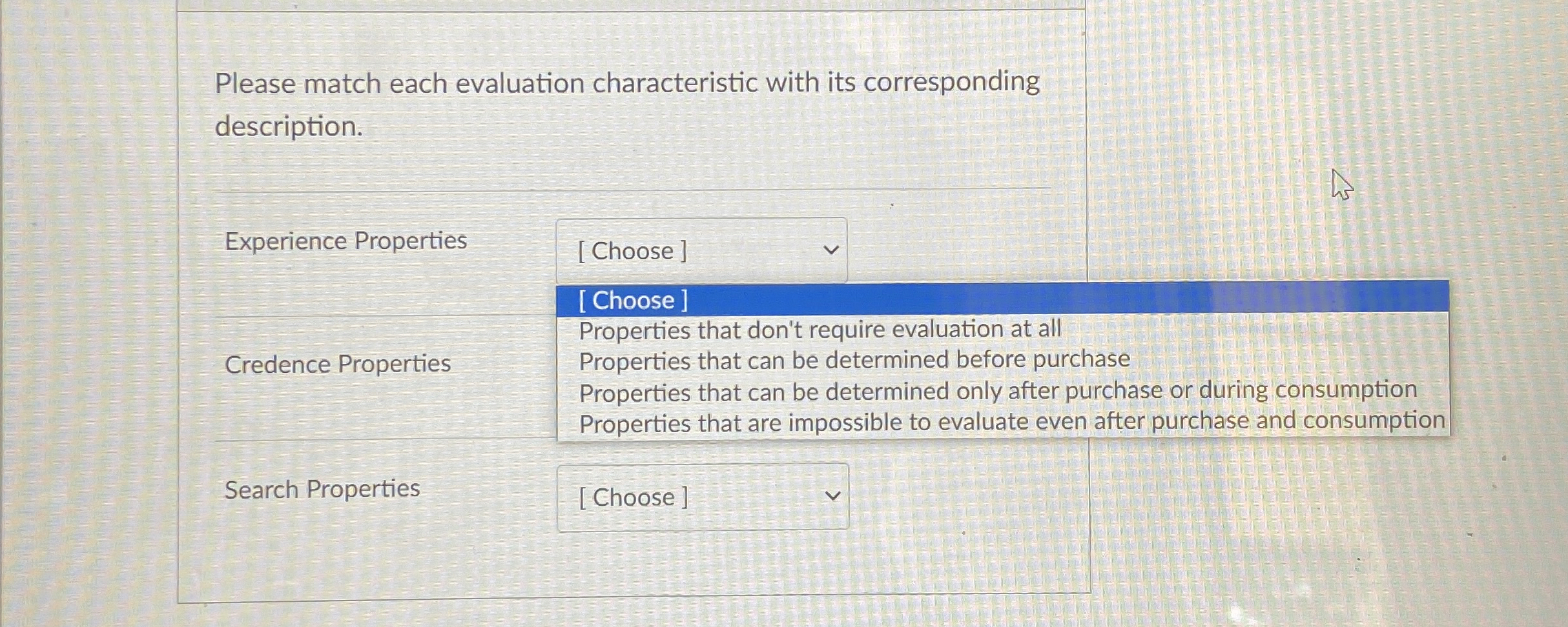 Please match each evaluation characteristic with