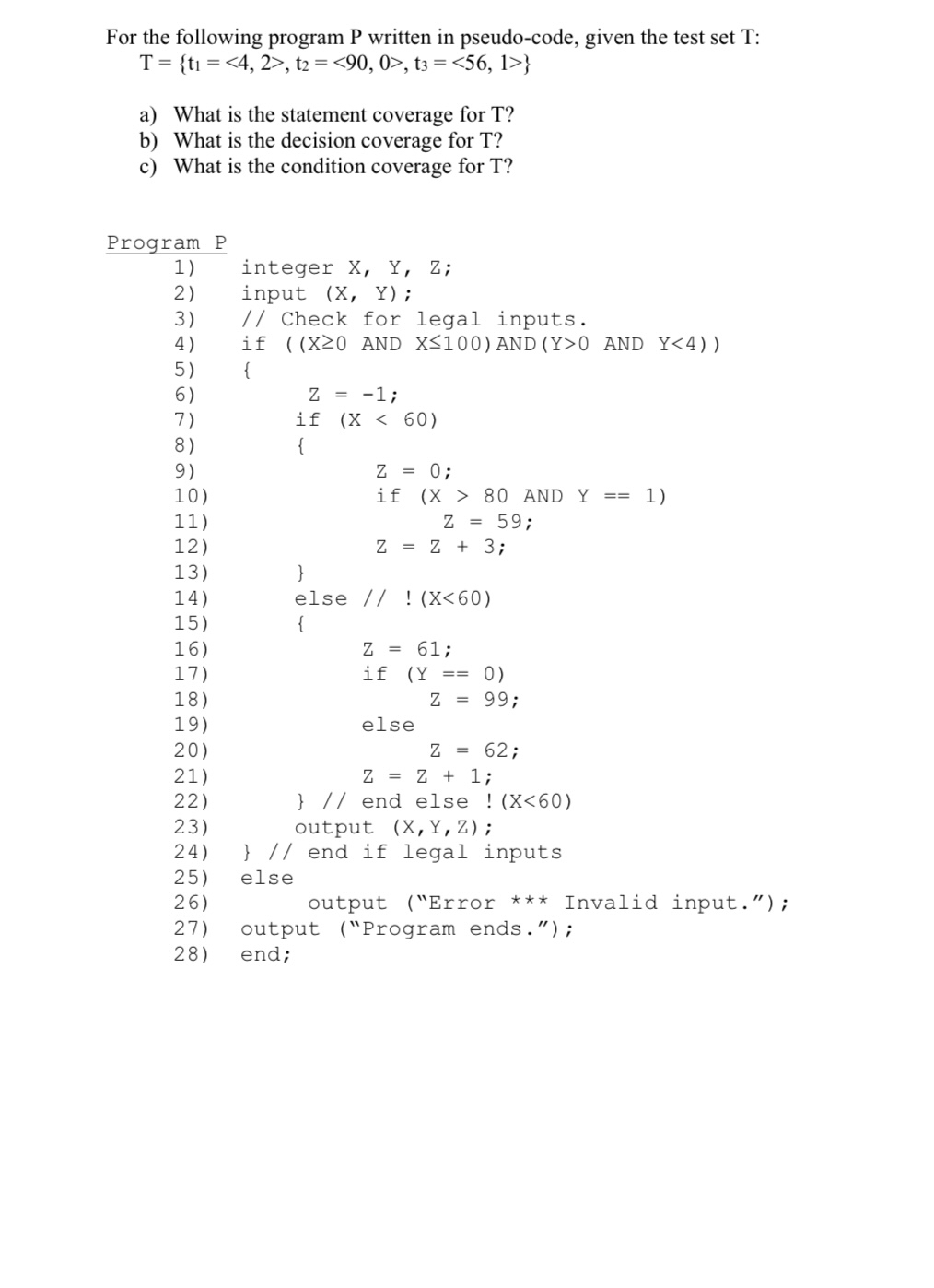 For the following program P written in pseudo -
