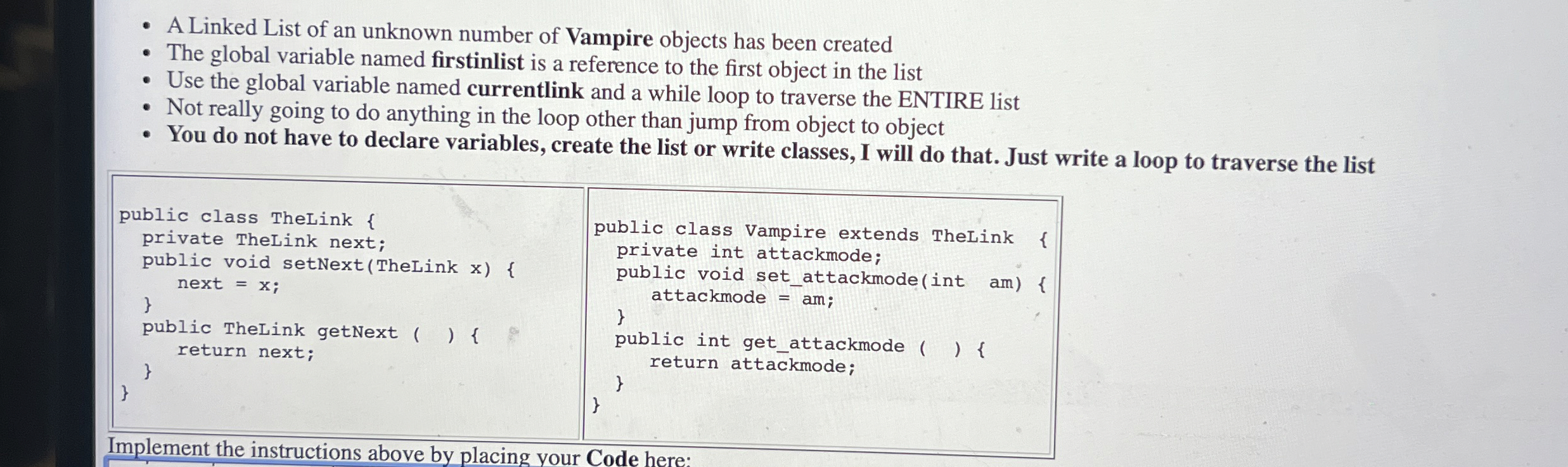 A Linked List of an unknown number of Vampire