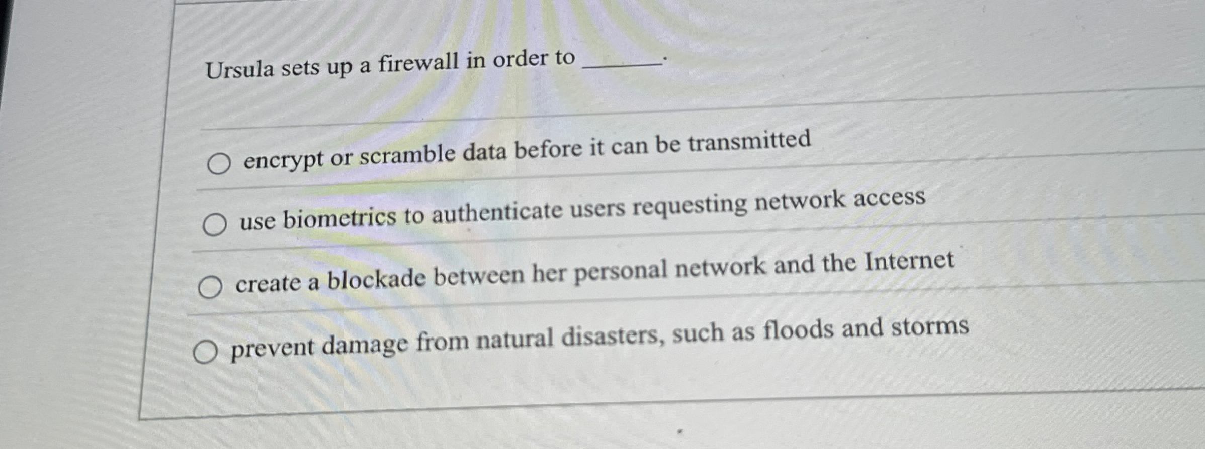 Ursula sets up a firewall in order to encrypt or