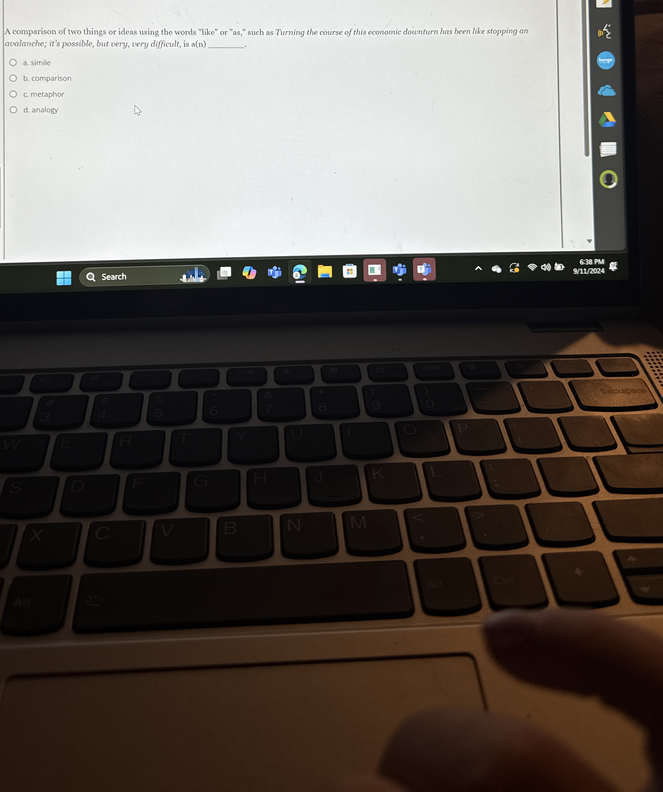 A comparison of two things or ideas using the