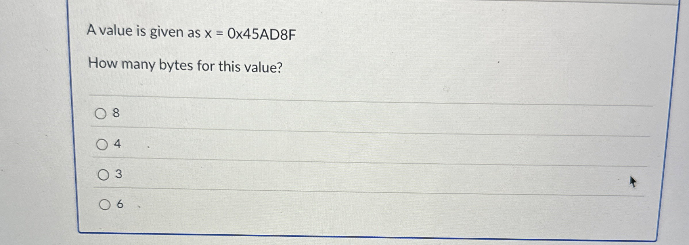 A value is given as x = 0 4 5 A D 8 F How many